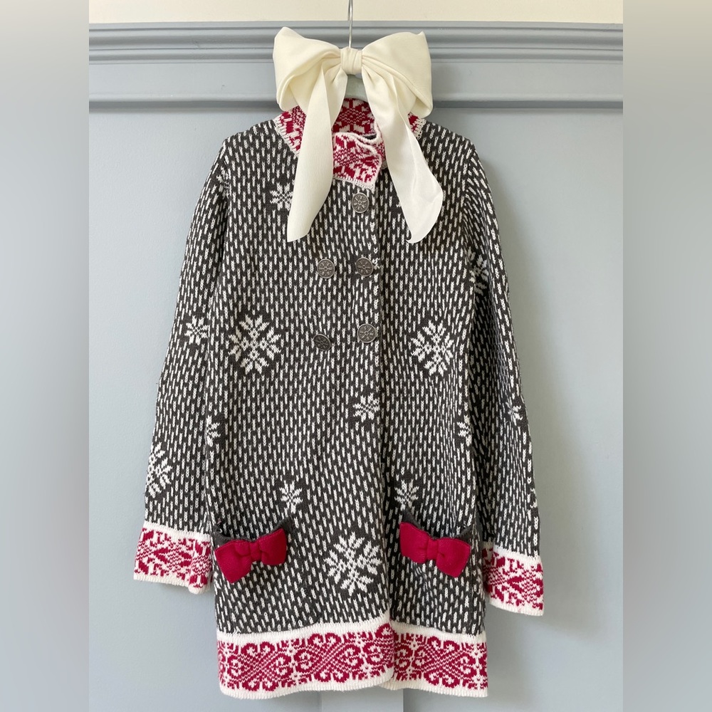Sweet Tahari Winter Knit Sweater w/ Knit Bows + Snowflake Buttons